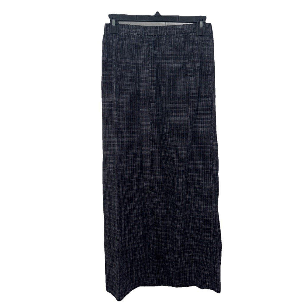 FLAX 100% Linen Skirt Petite Gray Plaid Long Straight Maxi Front Slit